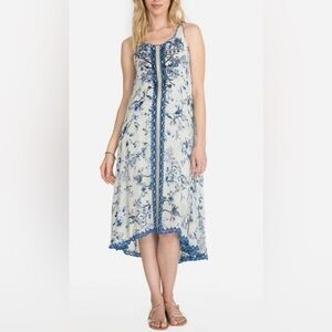 Johnny Was Blue White Floral Sleeveless 100% Silk Avalon Midi Dress size XS